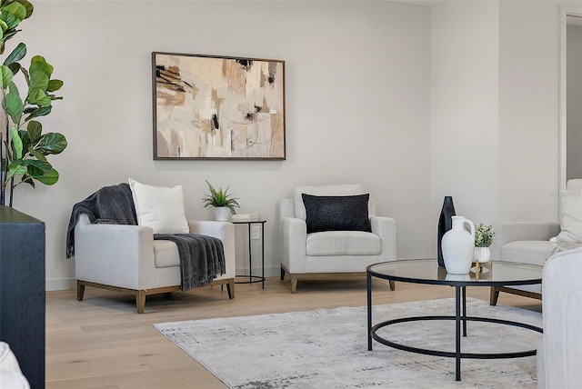 living area featuring baseboards and light wood finished floors