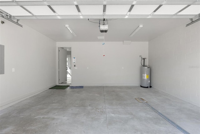 garage with electric panel, electric water heater, and a garage door opener