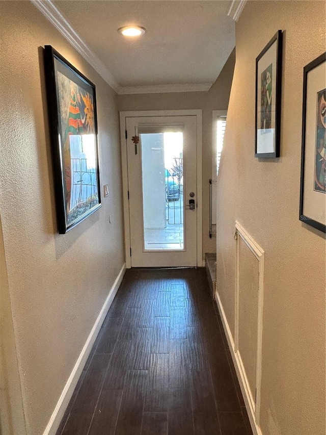 entryway with baseboards, dark wood-style floors, and crown molding