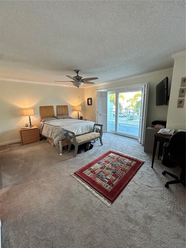 bedroom with access to exterior, carpet flooring, a ceiling fan, and a textured ceiling