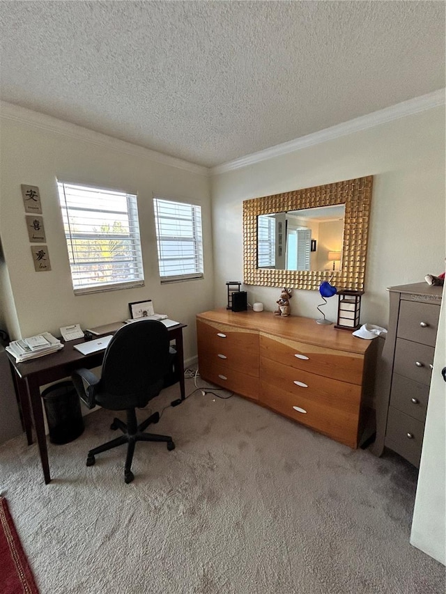 office area with light colored carpet, a textured ceiling, and ornamental molding