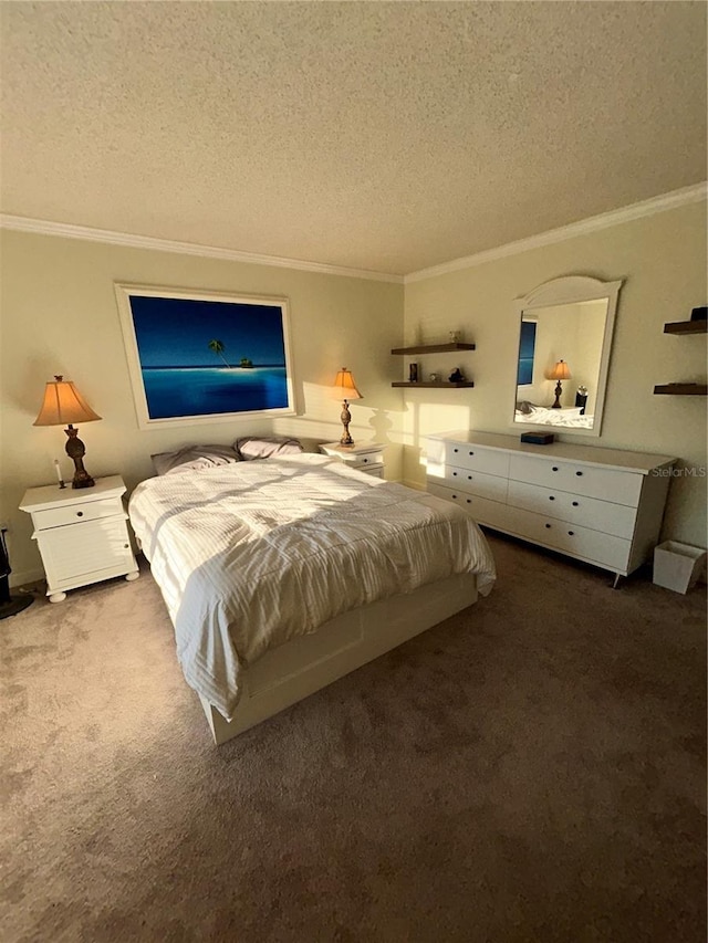 carpeted bedroom featuring a textured ceiling and ornamental molding