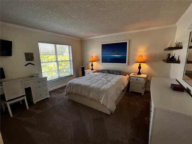 bedroom with a textured ceiling, ornamental molding, and dark carpet