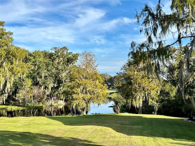 surrounding community featuring a water view and a lawn