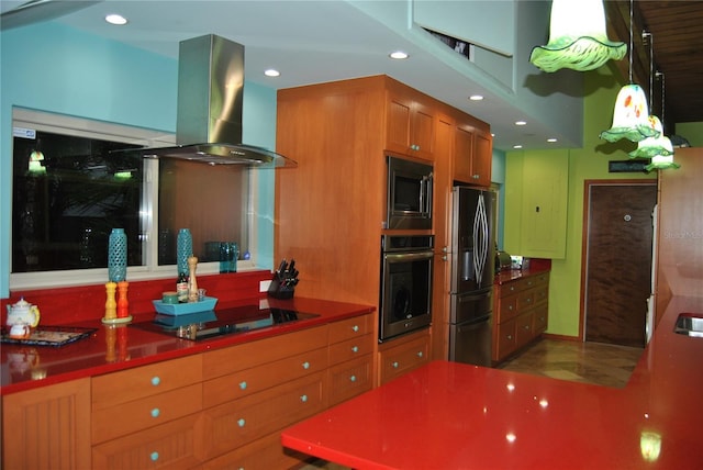 kitchen featuring brown cabinets, island range hood, stainless steel appliances, and recessed lighting