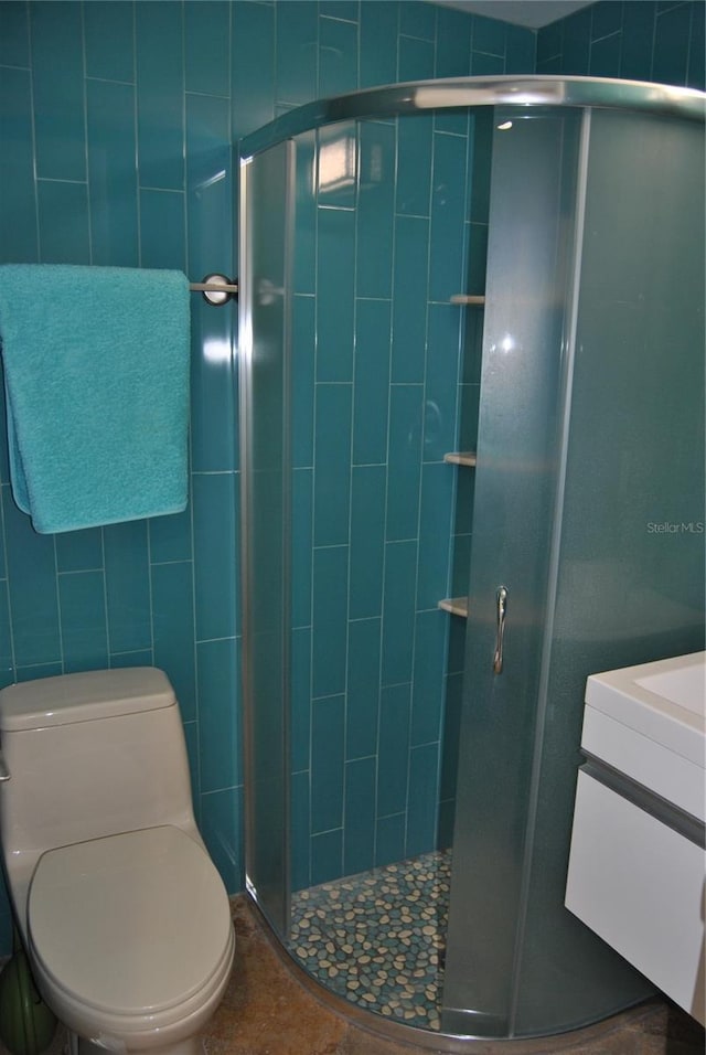 full bathroom with a shower stall, toilet, and vanity