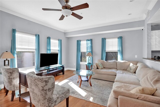 living area featuring crown molding, light wood-type flooring, a ceiling fan, and baseboards