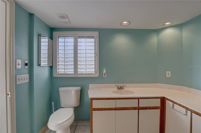 bathroom featuring visible vents, toilet, tile patterned flooring, vanity, and recessed lighting