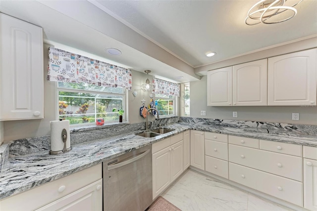 kitchen with white cabinets, marble finish floor, light stone countertops, stainless steel dishwasher, and a sink