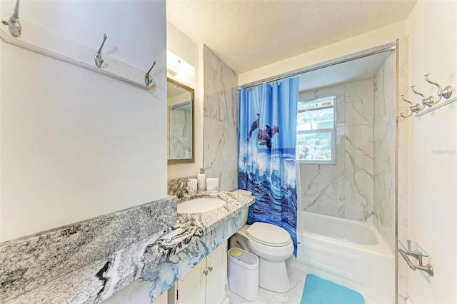 full bathroom featuring marble finish floor, shower / bathtub combination, toilet, a textured ceiling, and vanity