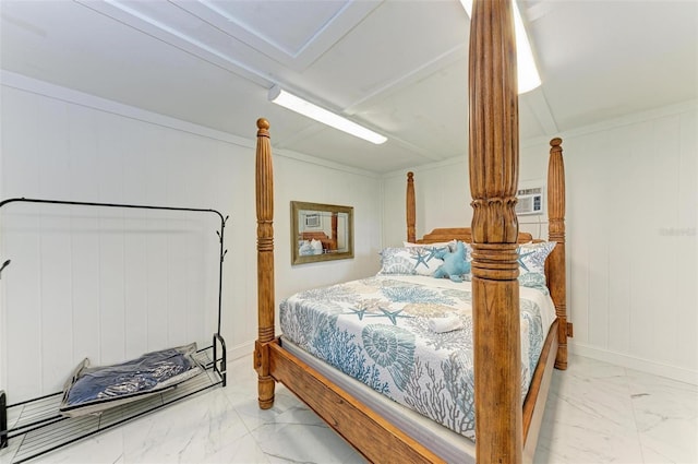 bedroom with marble finish floor, baseboards, and a wall mounted air conditioner