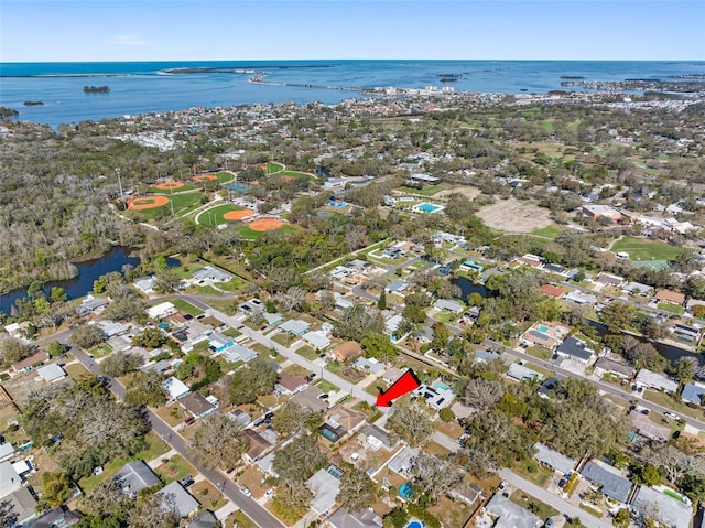 drone / aerial view featuring a water view