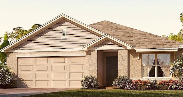 view of front of property featuring a shingled roof, driveway, a garage, and stucco siding