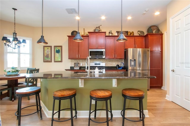 328 Siena Vista Pl, Sun City Center, FL 33573 - kitchen with visible vents, appliances with stainless steel finishes, backsplash, light wood finished floors, and a center island with sink