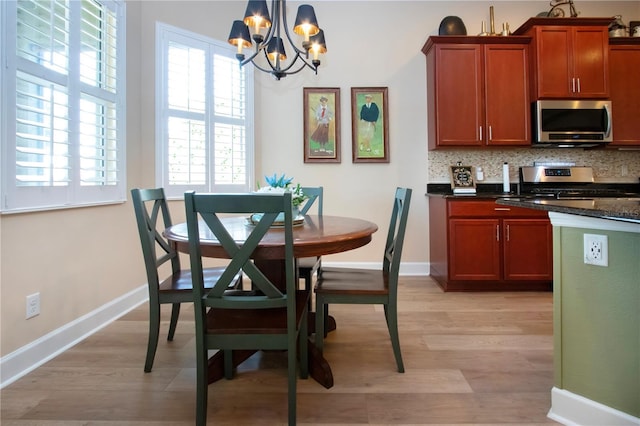 328 Siena Vista Pl, Sun City Center, FL 33573 - interior space featuring appliances with stainless steel finishes, baseboards, light wood-style floors, and decorative backsplash