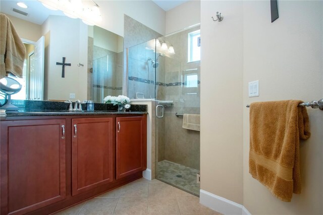 328 Siena Vista Pl, Sun City Center, FL 33573 - bathroom featuring a stall shower, vanity, visible vents, and tile patterned floors