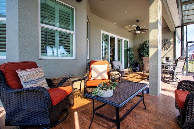 328 Siena Vista Pl, Sun City Center, FL 33573 - view of patio / terrace featuring an outdoor hangout area, outdoor dining area, and a ceiling fan