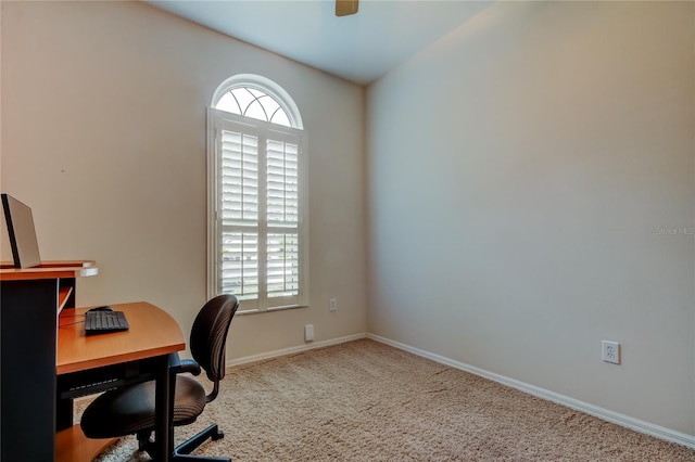 office featuring carpet floors, a ceiling fan, and baseboards