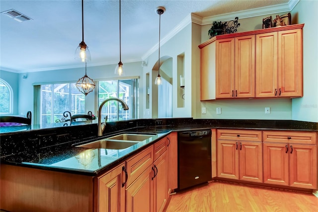 kitchen featuring black dishwasher, visible vents, light wood-style flooring, a sink, and dark stone countertops