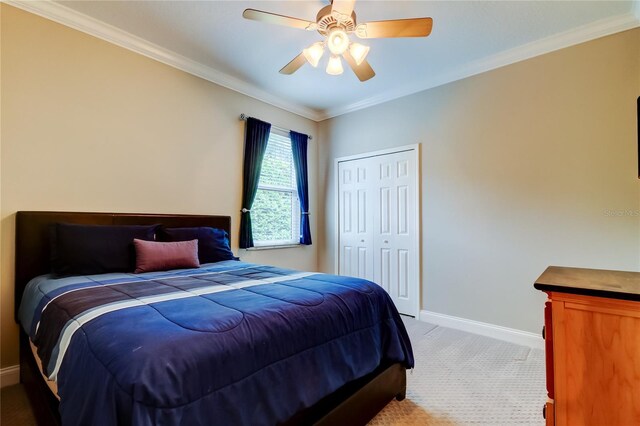 carpeted bedroom featuring a ceiling fan, a closet, baseboards, and crown molding