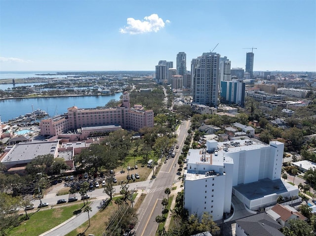 aerial view with a water view and a city view