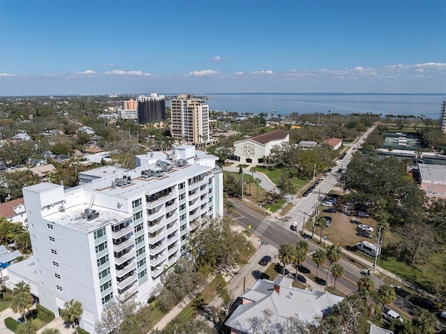 aerial view featuring a view of city and a water view