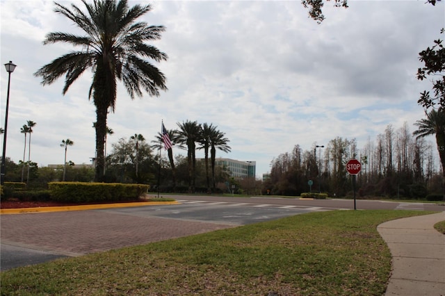 view of street with street lighting, traffic signs, curbs, and sidewalks