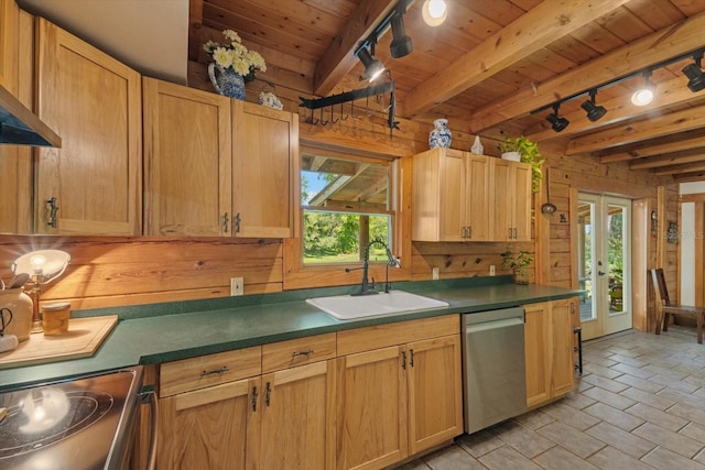 kitchen featuring beamed ceiling, wooden ceiling, french doors, stainless steel dishwasher, and a sink