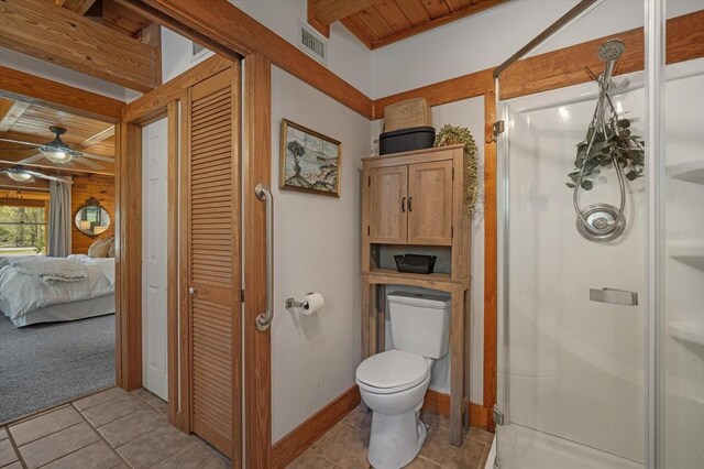 full bath with tile patterned floors, visible vents, toilet, a shower stall, and ceiling fan