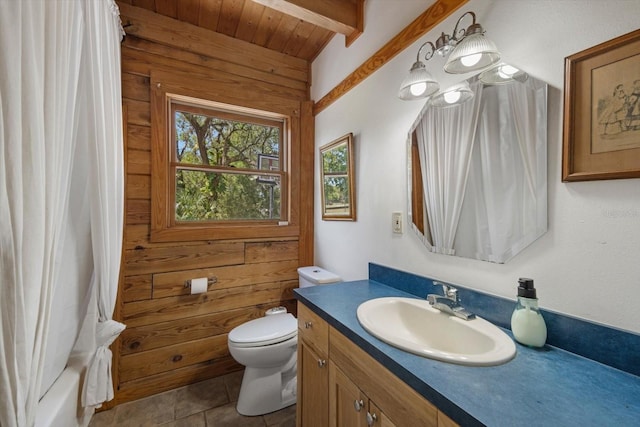 full bath with tile patterned floors, beam ceiling, toilet, wood ceiling, and vanity