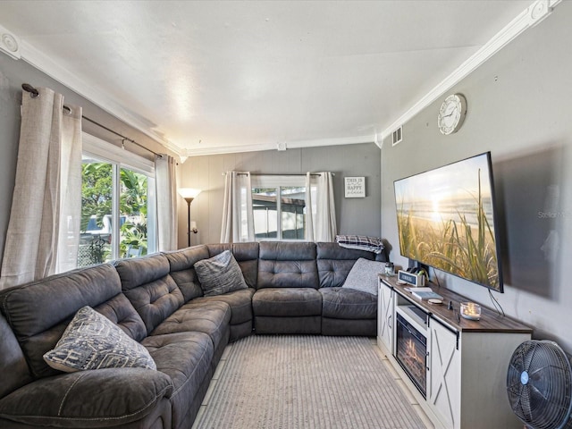 living area with ornamental molding and visible vents