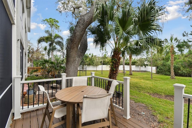 wooden terrace featuring outdoor dining space, a water view, a lawn, and a fenced backyard