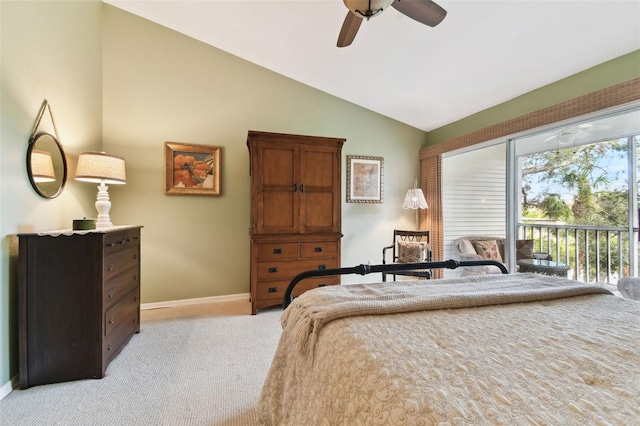 bedroom featuring light carpet, a ceiling fan, baseboards, vaulted ceiling, and access to outside