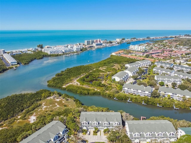 drone / aerial view featuring a water view