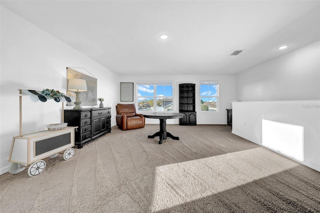 carpeted home office featuring recessed lighting, visible vents, and baseboards