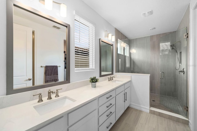 bathroom with visible vents, a sink, a shower stall, and double vanity