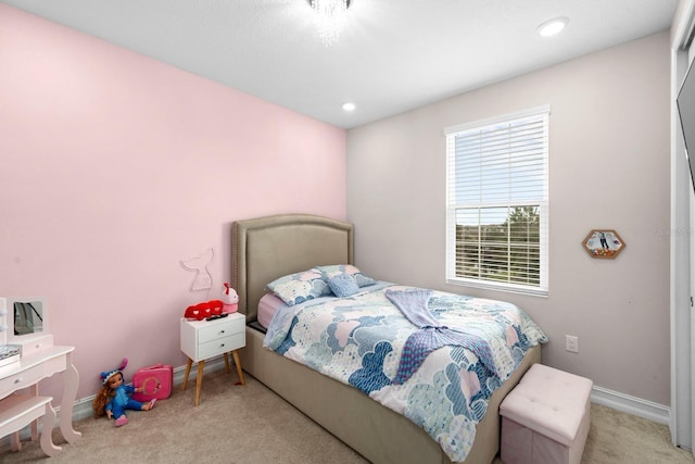 bedroom with baseboards, carpet flooring, and recessed lighting