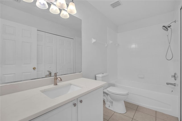 full bathroom with shower / bathtub combination, toilet, vanity, visible vents, and tile patterned floors