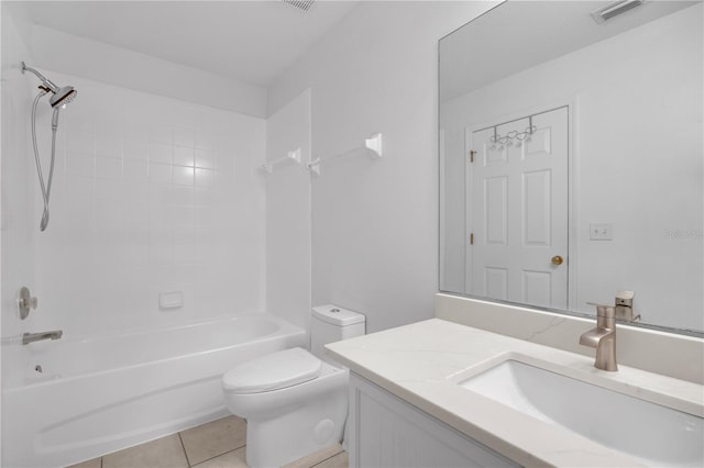 full bath with visible vents, toilet, tile patterned floors, vanity, and washtub / shower combination