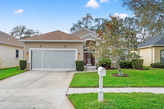 view of front of home featuring roof with shingles, stucco siding, concrete driveway, an attached garage, and a front yard