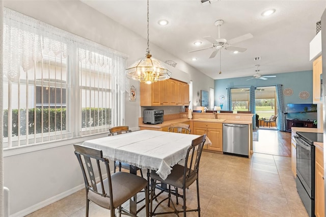 dining area with baseboards, a toaster, light tile patterned flooring, and recessed lighting