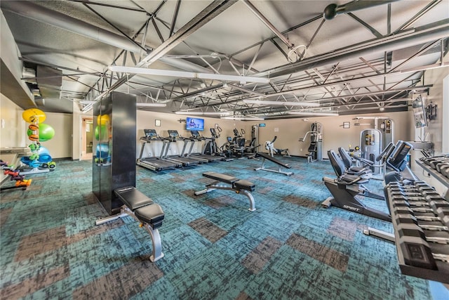 workout area with carpet flooring