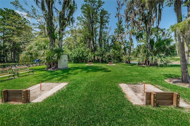 view of yard with a storage shed and an outdoor structure