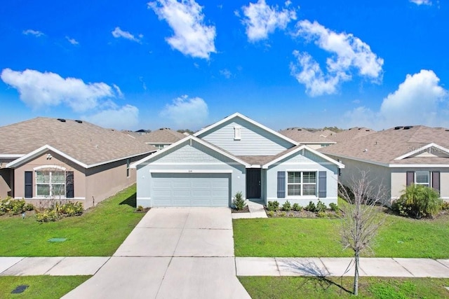 ranch-style home with an attached garage, stucco siding, concrete driveway, and a front yard