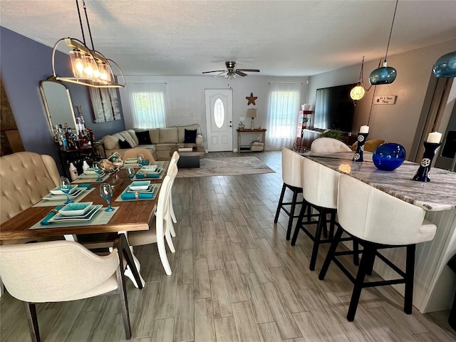 dining area with a textured ceiling, wood finished floors, and a ceiling fan