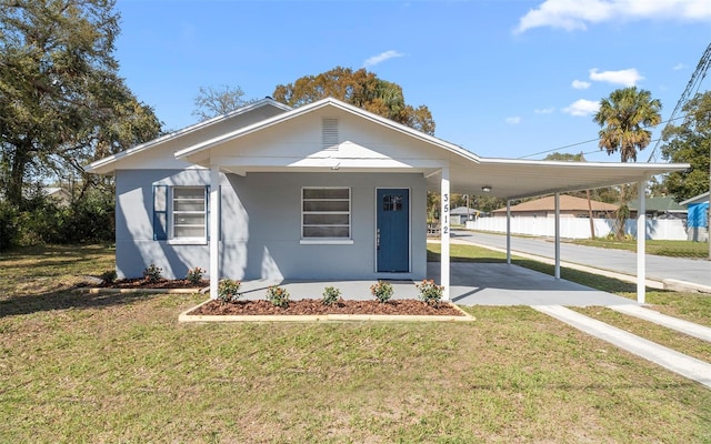 view of front of property with a carport, a front yard, fence, and stucco siding