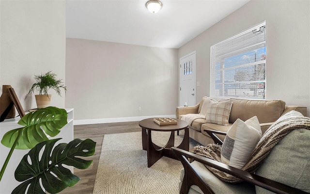 living area featuring wood finished floors and baseboards