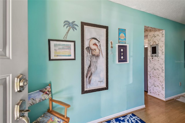 interior space featuring wood finished floors, baseboards, and a textured ceiling