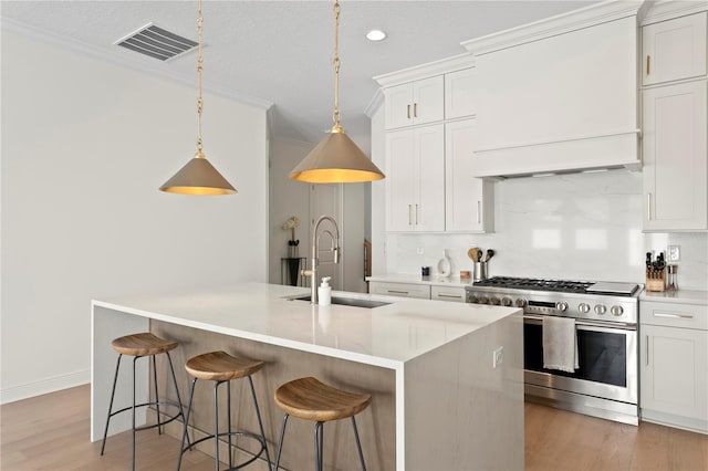 kitchen featuring a kitchen island with sink, white cabinets, a sink, and high end stainless steel range