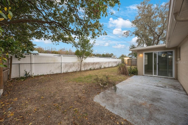 view of yard with a fenced backyard and a patio